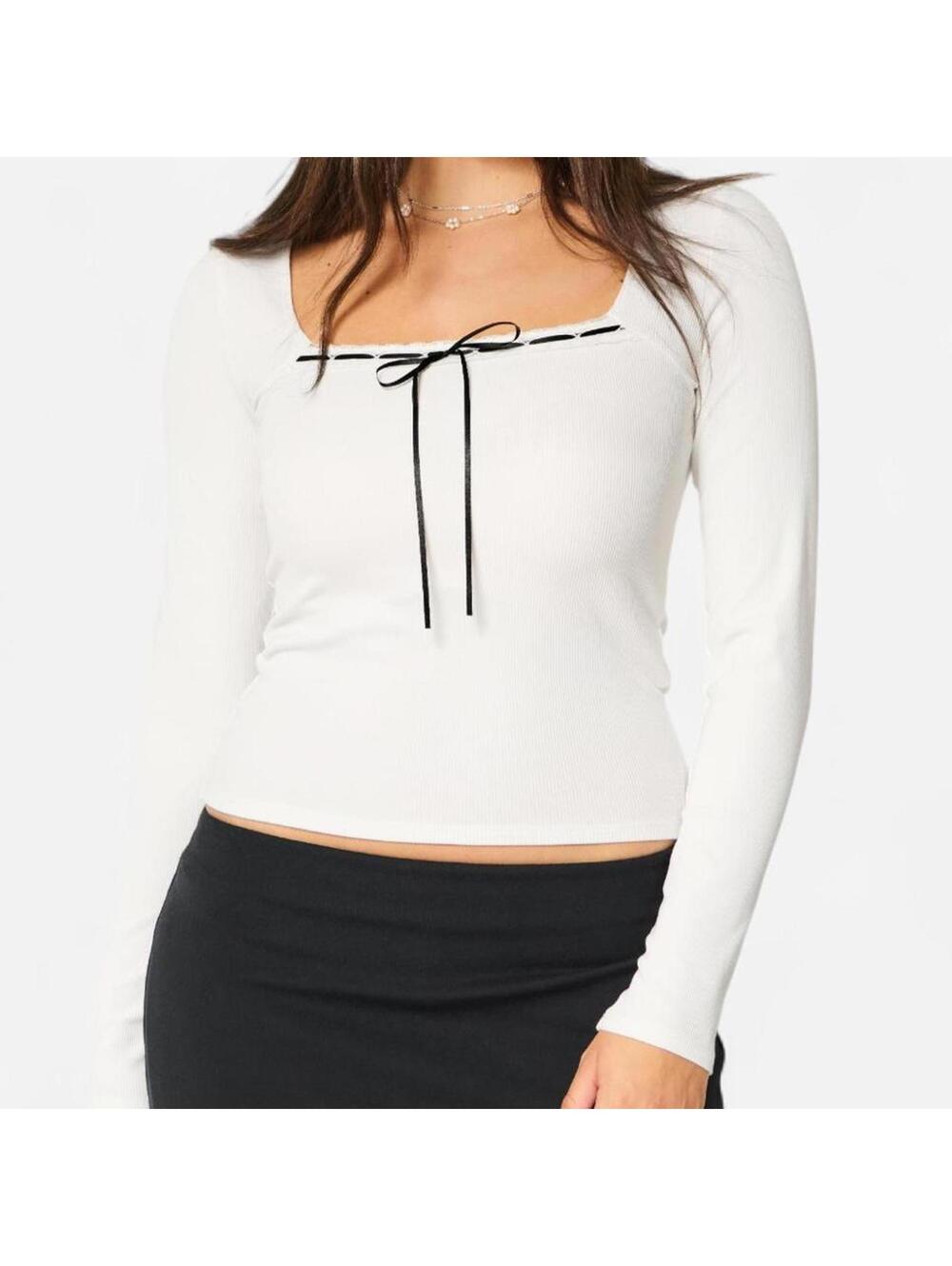 Hollister Square Neck Top Womens Large Cream Ribbed